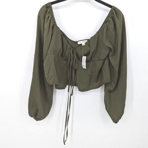 Renaissance Boho Crop Top Womens Small Olive Green Tie Front Long Sleeve Blouse